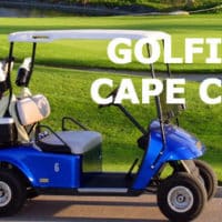 Photo of a golf cart with title: Golfing Cape Cod.