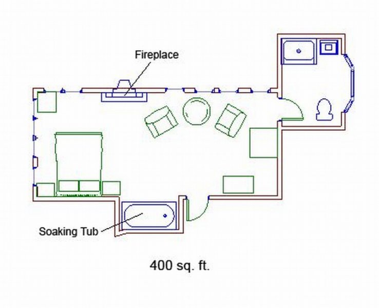 architectural sketch of room with bed, tub, and bathroom placement, 400 square feet total