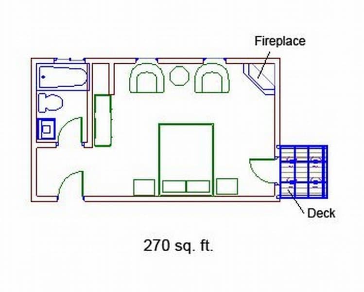 architectural sketch of room with bed placement, fireplace, bathroom shown, 270 square foot total