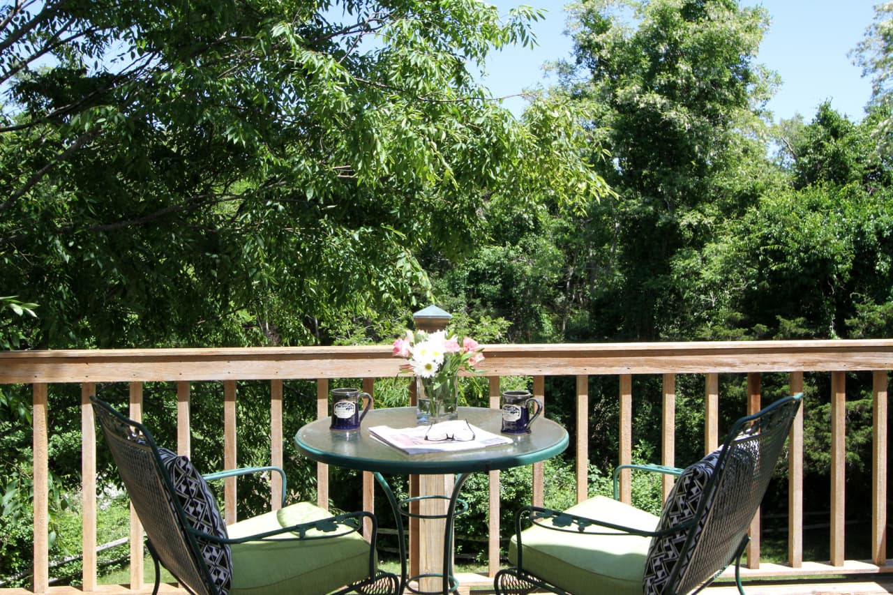 view from wood balcony, with glass top table for two and chairs, of the greenery in the conservation land at the back of the property