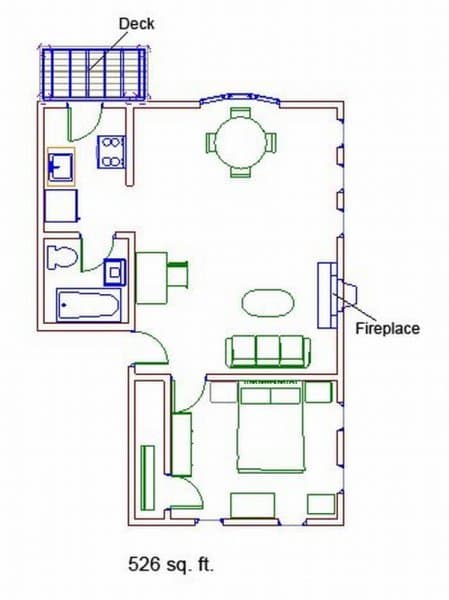 architectural sketch of suite, bedroom, living rom and dining room, kitchen balcony, bathroom with shower tub combo. 526 square feet total