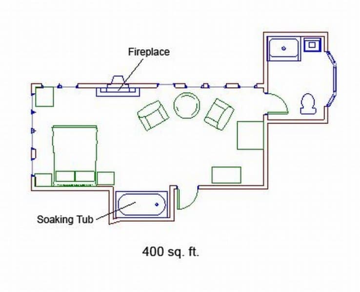 architectural sketch of room with bed, tub, and bathroom placement, 400 square feet total