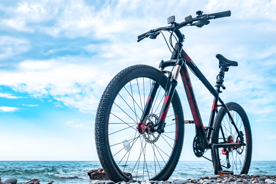 A black and red mountain bike rests on pebbles near the ocean under a cloudy sky.