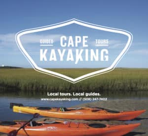 Logo and promotional text for Cape Kayaking, featuring kayaks on water with a marsh backdrop.