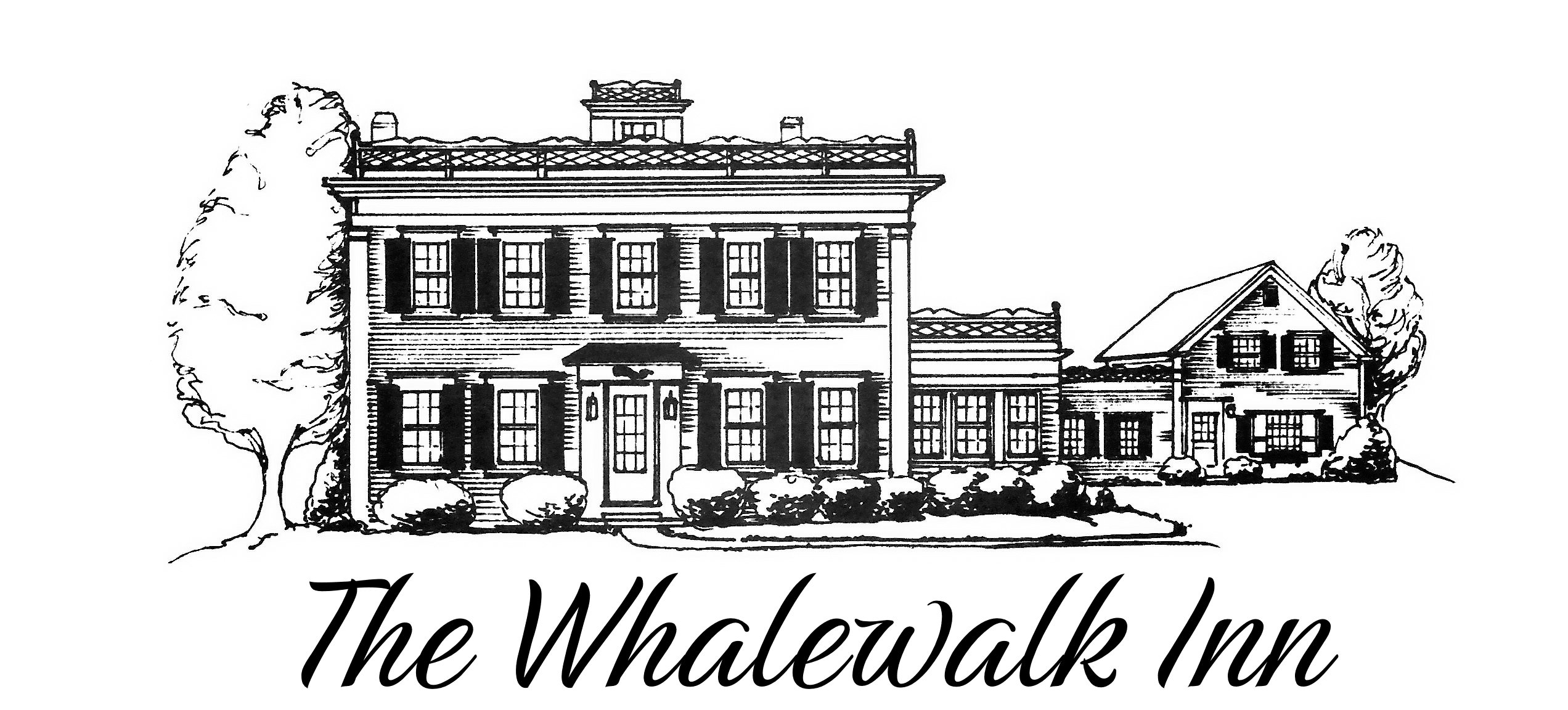 Illustration of a two-story house with a garden and a smaller side structure.